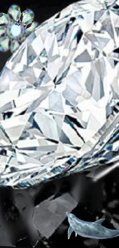 A luminous diamond with sparkling facets against a black background.