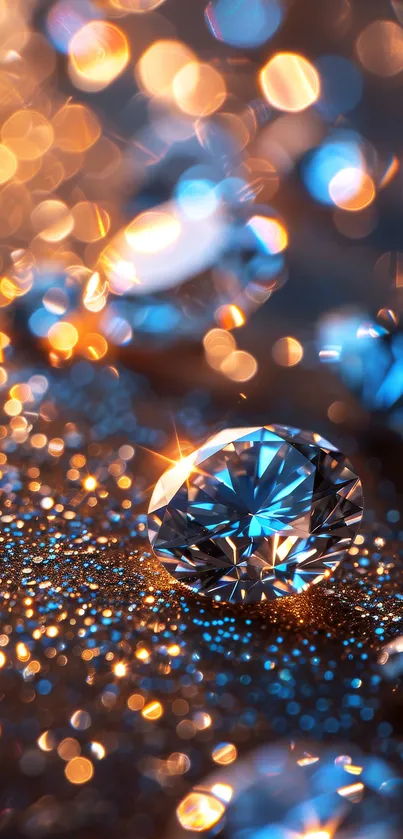 Stunning diamond surrounded by shimmering bokeh lights.