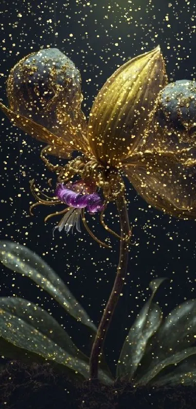 Golden fantasy flower glowing in dark setting, perfect for mobile wallpaper.