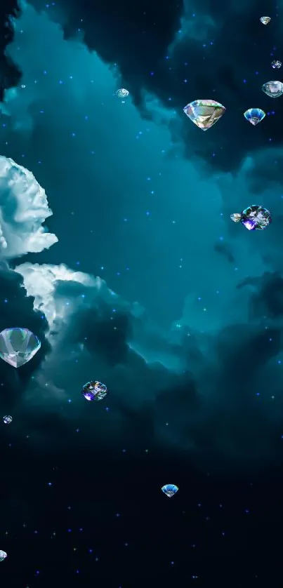 Glistening gems float in a night sky with teal clouds.