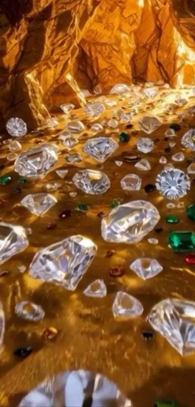 Shimmering gemstones on a golden pathway wallpaper.