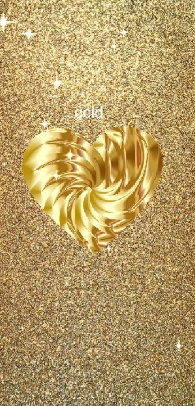 Glistening gold heart centered on glittery gold background.