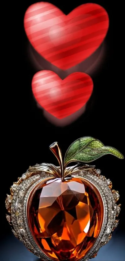 Glistening wallpaper with hearts and jewel apple on black background.