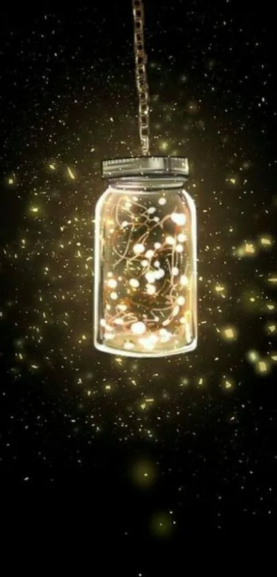 A jar of glowing lights against a dark background, creating a mystical effect.