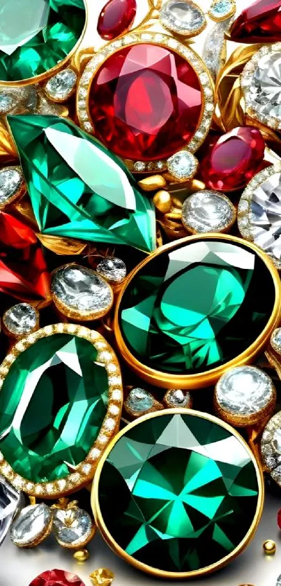 Mobile wallpaper with emerald and ruby gemstones on a gold setting.