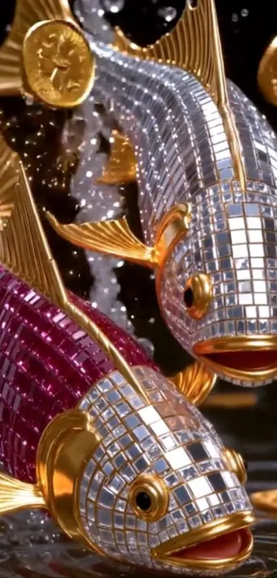 Shimmering mosaic koi fish with golden accents on water.