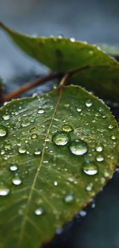 Close-up of green leaves with raindrops on mobile wallpaper.