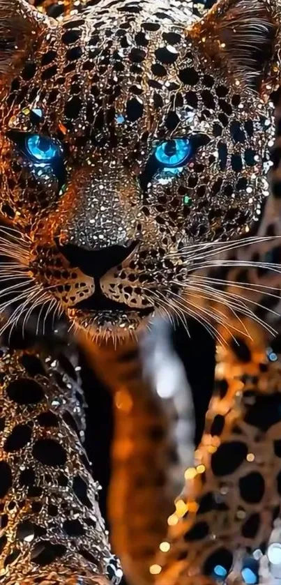 Glistening leopard with vibrant blue eyes artwork.