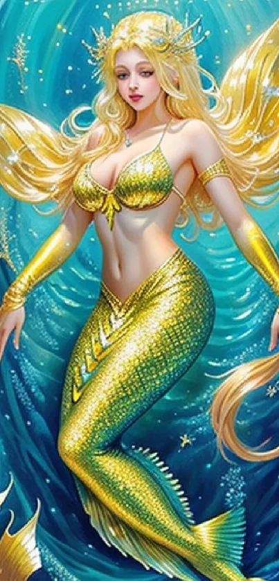 Golden mermaid swimming in underwater fantasy scene with vivid blue waters.