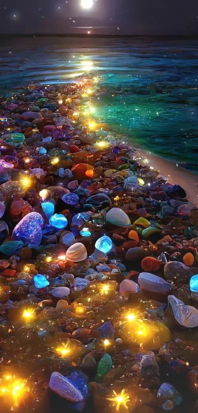 Night ocean shore glistening with moonlit pebbles and colorful lights.