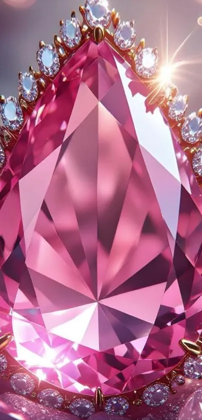 Glistening pink gemstone surrounded by sparkling diamonds.