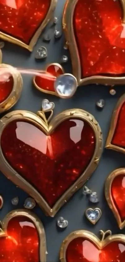 Glistening red hearts with gold accents mobile wallpaper.