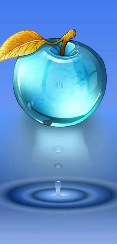 Illustration of a blue apple and golden leaf in water ripple effect.