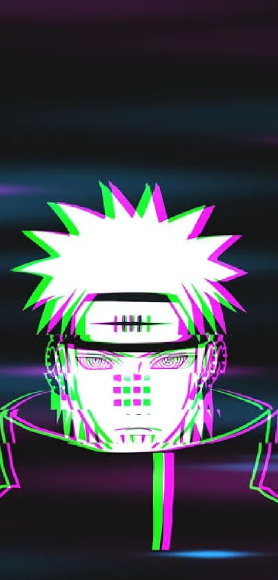 Anime character in neon glitch style on black wallpaper.