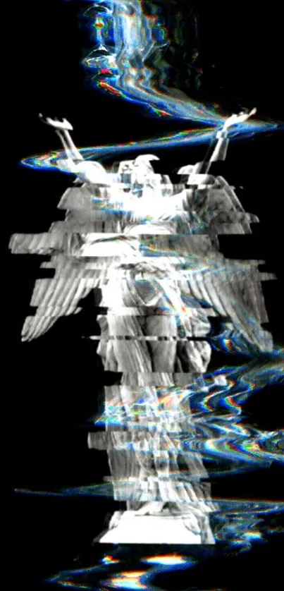 Glitch effect angel against black background.