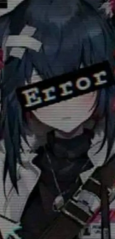 Anime character with glitch art effect and error message overlay.