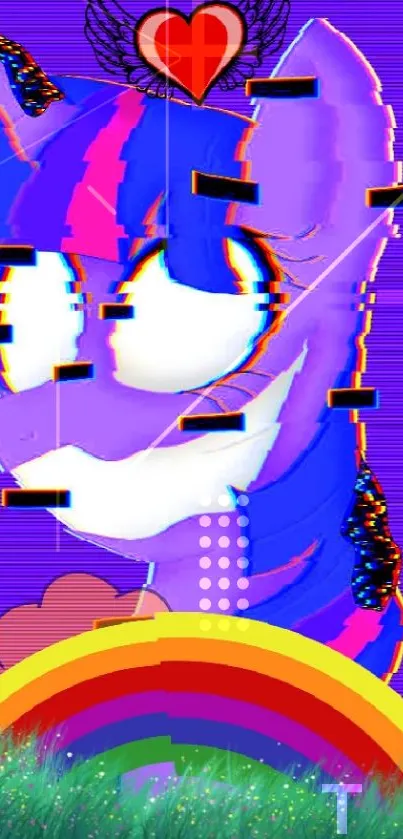 Vibrant glitch art unicorn with rainbow on purple background.