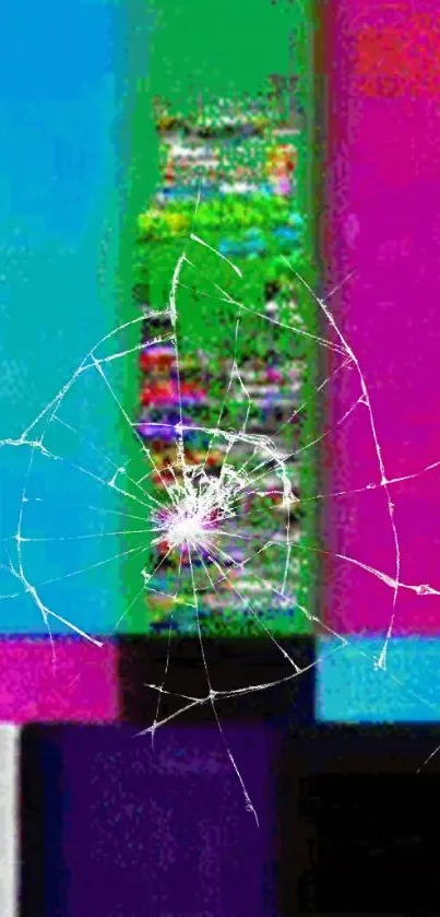 Glitch art wallpaper with vibrant colors and cracked screen effect.