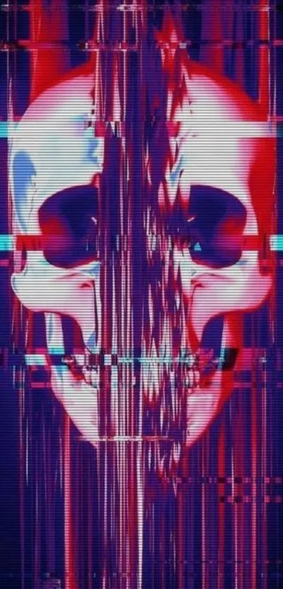 Glitch art skull wallpaper with red and blue hues.