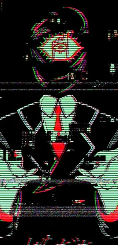 Glitch effect wallpaper with a masked figure in a suit and red tie.