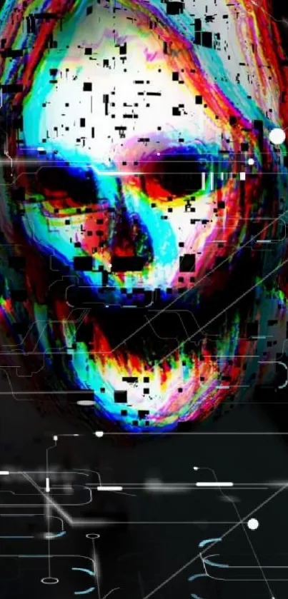 Colorful glitch skull on a dark background.