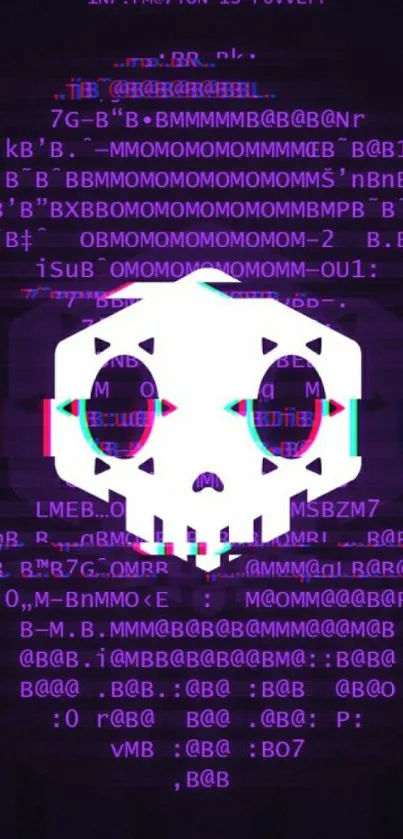 Glitch skull wallpaper with digital effects and purple hues.