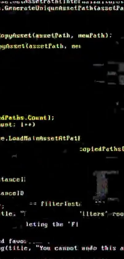 Glitchy digital code wallpaper with dark aesthetic for phones.