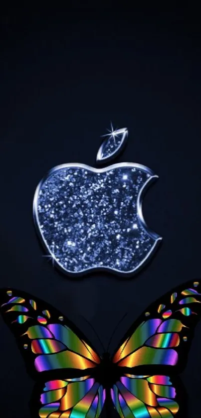 Glittering apple logo with colorful butterfly on dark background wallpaper.