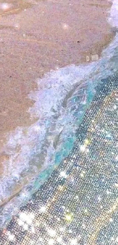 Glittery beach waves meeting sandy shore in a sparkling mobile wallpaper.