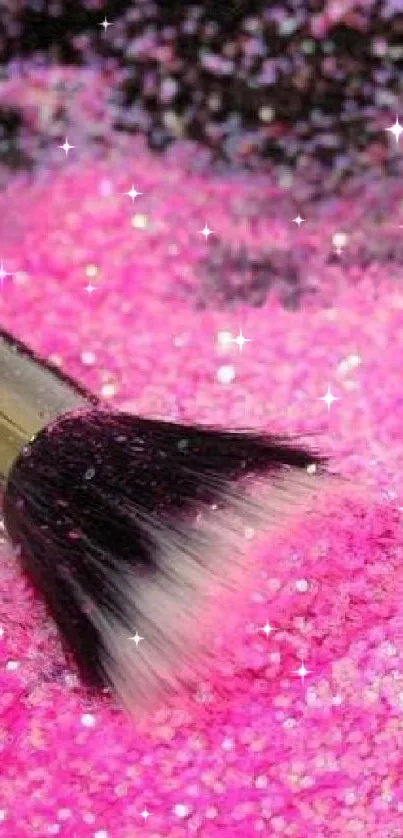 Close-up of a pink glitter with a makeup brush on a vibrant background.