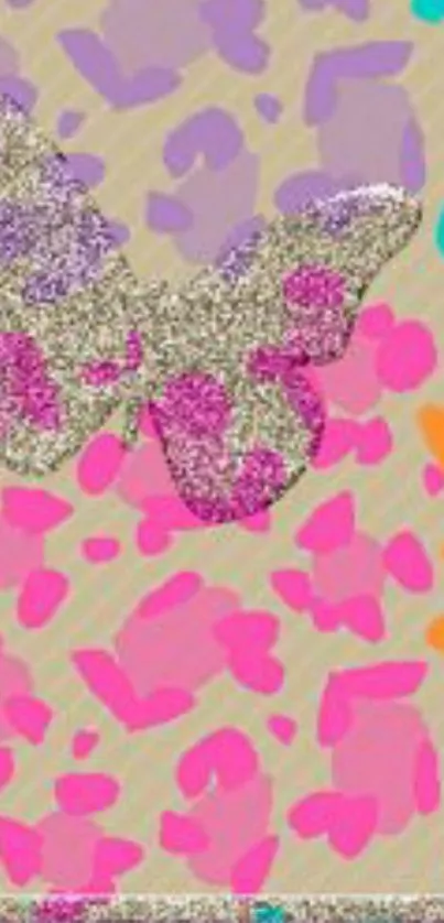 Colorful glitter butterfly on patterned wallpaper.