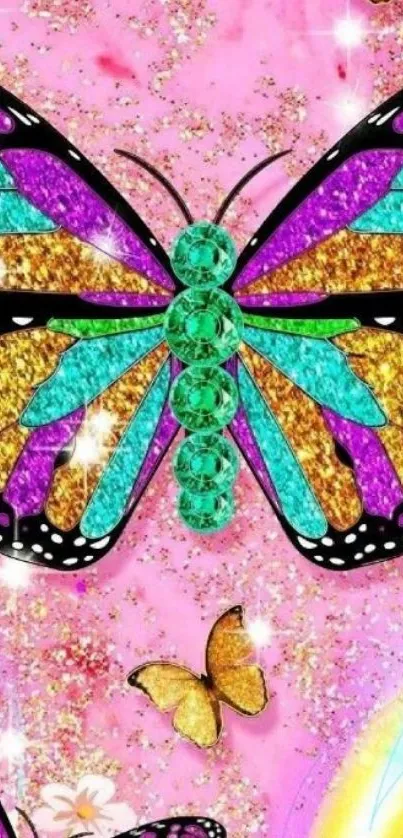 Vibrant glittery butterfly on pink background wallpaper.