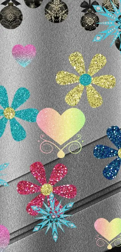 Vibrant glitter flower background with hearts and snowflakes on a silver backdrop.