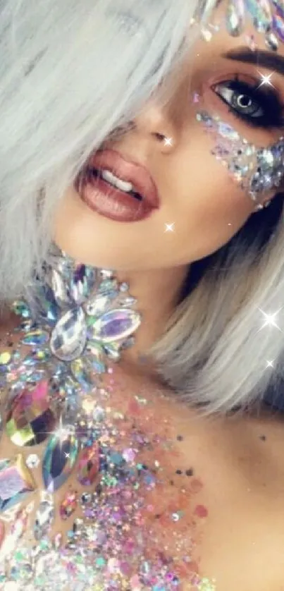 Woman with glitter and jewels on her face and body, creating a glamorous appearance.