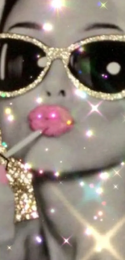 Glamorous woman with glittery sunglasses and pink lips in a sparkling wallpaper.