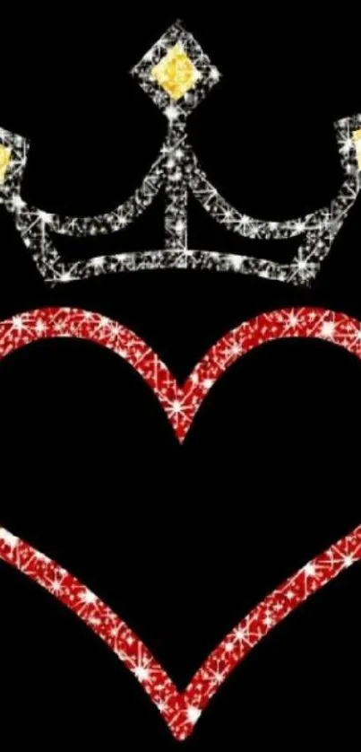 Glittering red heart with a crown on black background.