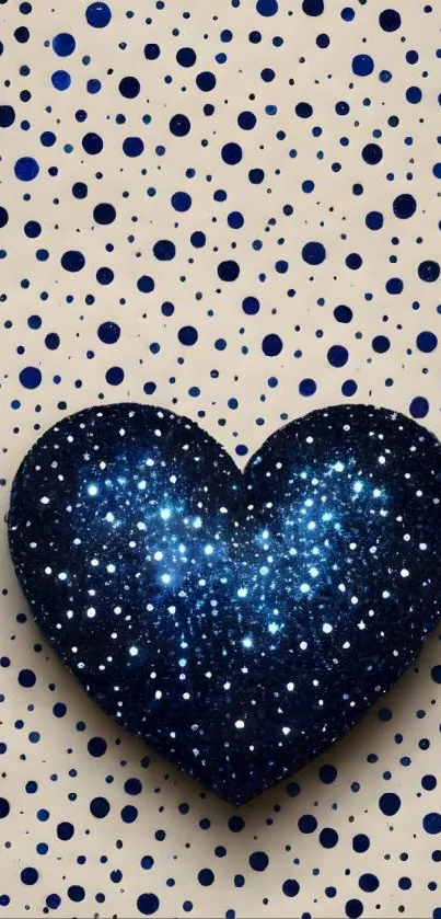 Glittering blue heart on dotted background.