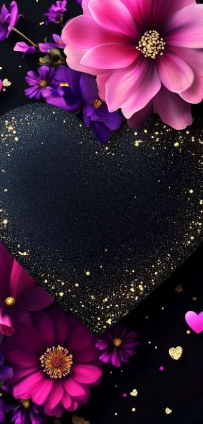 Glittering black heart with colorful flowers.