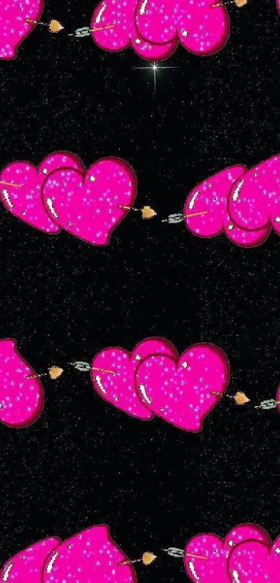 Pink glitter heart balloons on a black background wallpaper.