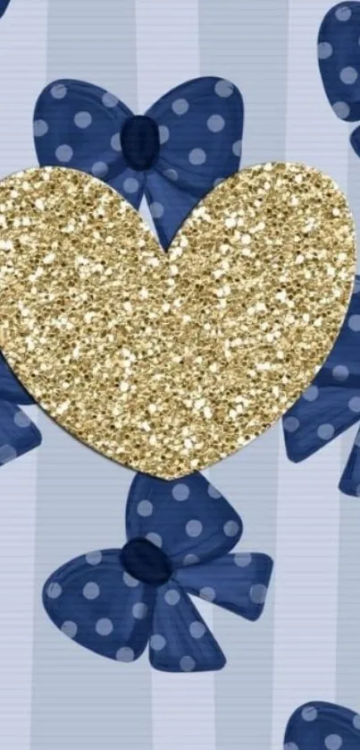 Gold glitter heart with blue polka dot bows wallpaper design.