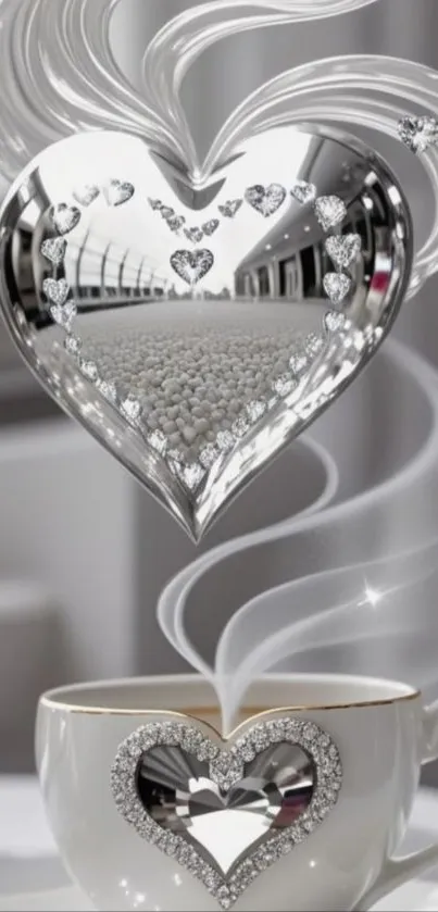 Shimmering heart design over coffee mug.
