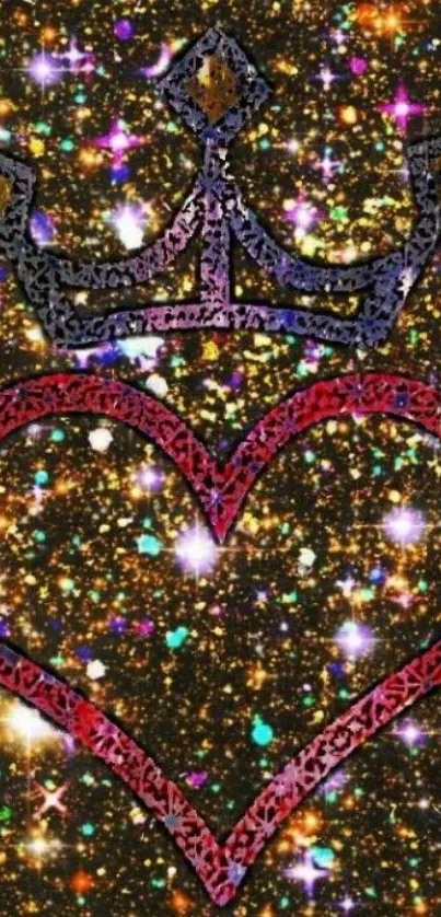 Glittery heart with crown on sparkling background.