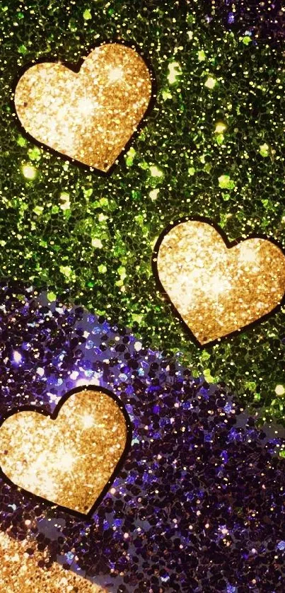 Gold glitter hearts on a colorful background.