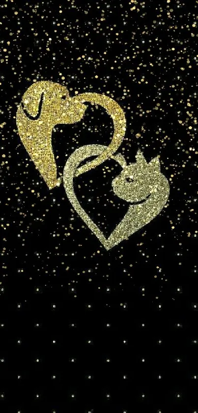 Glitter heart dog and cat on black wallpaper.