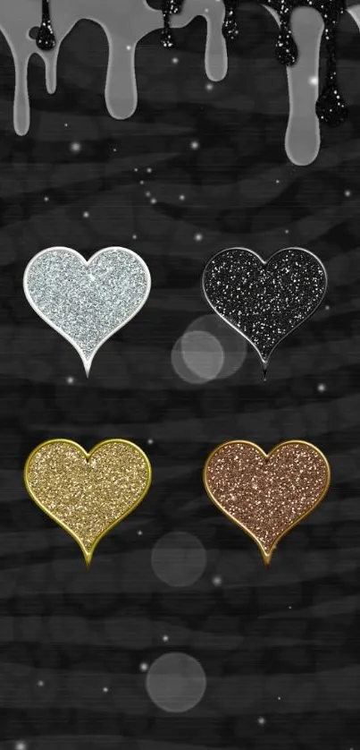 Glitter hearts with black and gold drip background for mobile wallpaper.