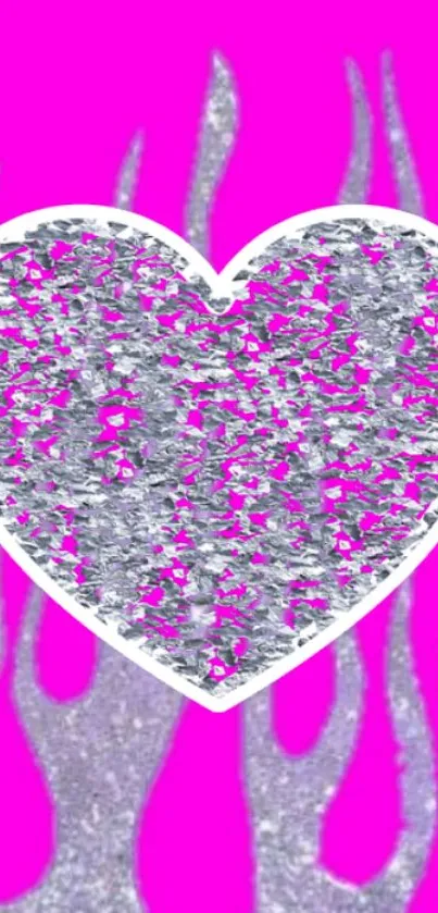 Pink glitter heart wallpaper with silver flames.