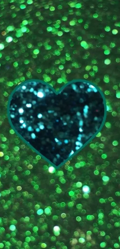 Green glitter wallpaper with a sparkling heart centerpiece.