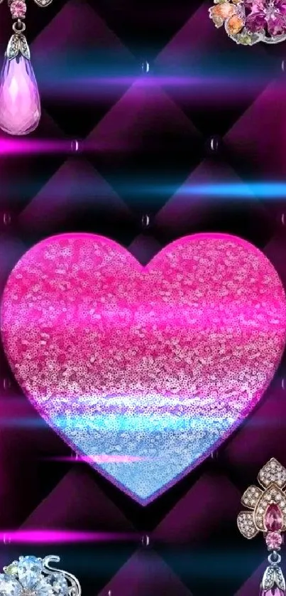 Pink and blue glitter heart with jewels on black background.