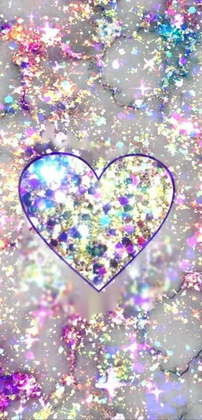 Colorful glitter heart on marble background wallpaper.