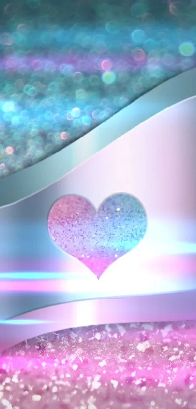 Elegant glitter heart wallpaper with pastel pink and blue hues.